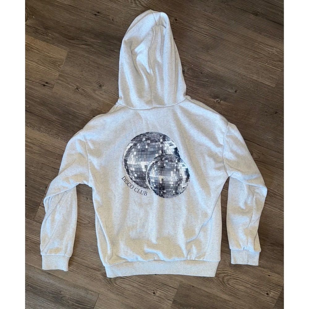 SHEIN Disco Club Graphic Hoodie Light Gray Heather Fleece Pullover Small